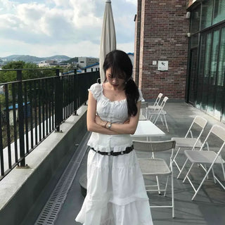 Frill Shirred Flare Tiered A-Line Midi Skirt