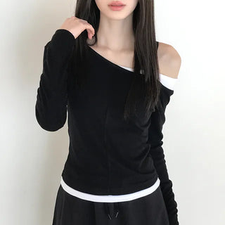 Proven Color Block Asymmetrical Off-shoulder Long Sleeve Tee