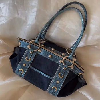 Y2K Vintage Glam Metal Accent Shoulder Bag / Kitsch Silver Stud Pinterest Look Hobo Bag