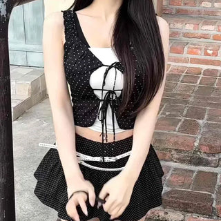Shirred Ribbon Strap Dot Sleeveless Blouse