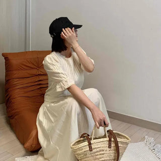 Pintuck Shirred Waistband A-Line Short Sleeve Long Dress
