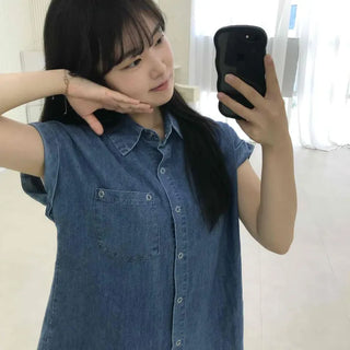 Plain Button-Down Sleeveless Loose Fit Shirt