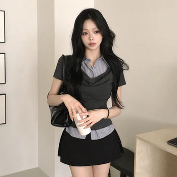Guaranteed Beauty, One-piece Striped Shirt Layered Draped Shirred Delicate Fit Short Sleeve T-shirt
