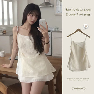 Full of cuteness, Ethnic Flower Punched Lace Shirred Flare Sleeveless Mini Dress
