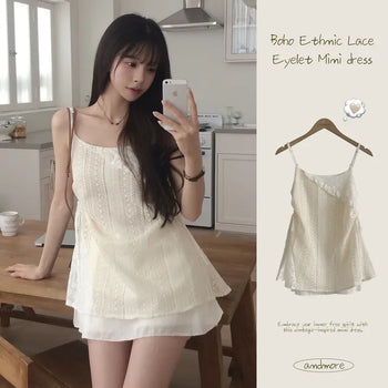 Full of cuteness, Ethnic Flower Punched Lace Shirred Flare Sleeveless Mini Dress