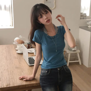 Effortlessly chic, Halter Neck One-piece Layered U-Neck Eyelet Raglan Slim Delicate Fit Short Sleeve T-shirt