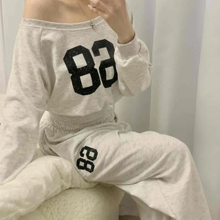 Loose Fit Numbering Long Sleeve Wide Cozy Two-Piece Set