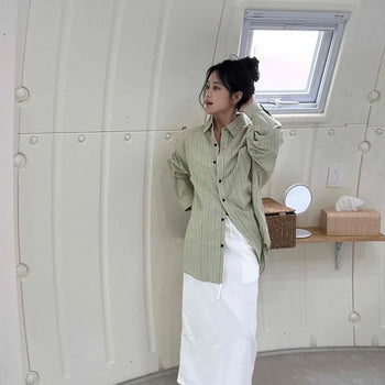 Oversized Striped Shirred Button Long Sleeve Shirt