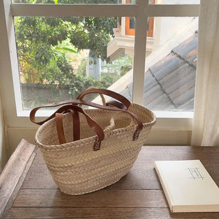 Real Cowhide Handmade Raffia Rattan Bag