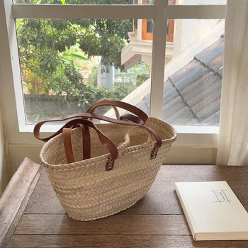 Real Cowhide Handmade Raffia Rattan Bag
