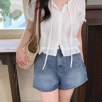 Tie Pintuck Frill Short Sleeve Blouse