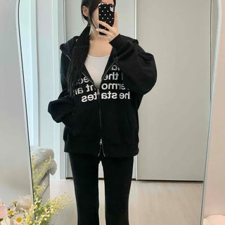 Hoodie with Kangaroo Pocket Lettering Full Zip Loose Fit Long Sleeve Zip-Up