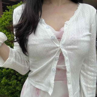 Slim Fit Striped Button-Punched Short Sleeve Cardigan