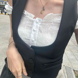 Frill Button Flap Pocket Layered Fitted Sleeveless