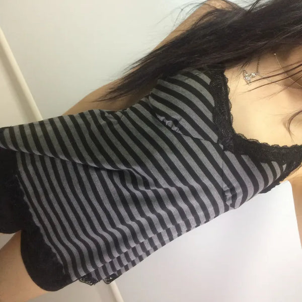 Striped Lace Sleeveless / Slip Camisole Top Striped Sleeveless Strap Sleeveless Vintage Mori Girl Layered Rock Chic High Teen