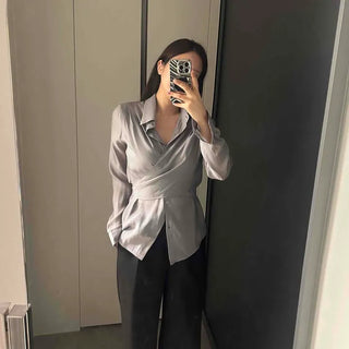 Shirred Wrap Cross Loose Fit Plain Long Sleeve Blouse