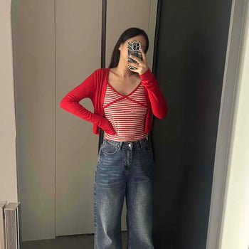 Button Layered Crossbody Slim Fit Striped Long Sleeve Two-Piece Set