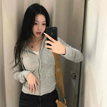 Slim Fit Plain Zipper Drawstring Full Zip Long Sleeve Zip-Up