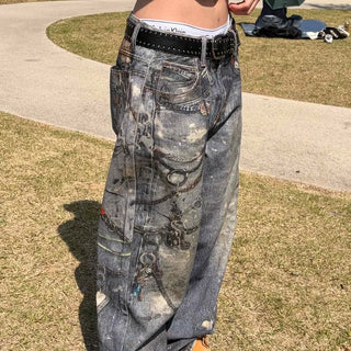 Loose Fit Washed Ripped Painted Wide Long Pants