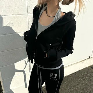 Coin Stud Two-Way Warmer Cropped Zip-Up Hoodie