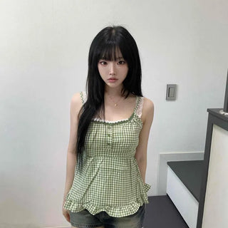 Shirred Frill Gingham Check Strapped Sleeveless