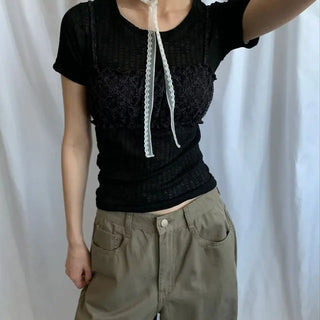 Lace Shirring Cap T-shirt