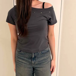 Studded Plain Regular Fit Daily Short Sleeve T-shirt