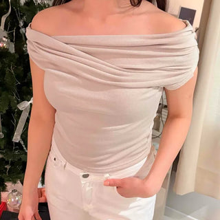 Drape Shirred Plain Fitted Short Sleeve T-shirt
