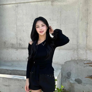 Slim Fit Ribbon Wrap Plain Long Sleeve
