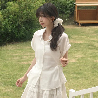 Innocent and Lovely, Summer See-through Striped Side Ribbon Strap Cinched Delicate Fit Roll-up Short Sleeve Shirt Blouse