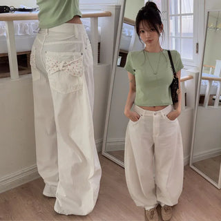 Kebiri Flower Ribbon Pocket Wide Pants