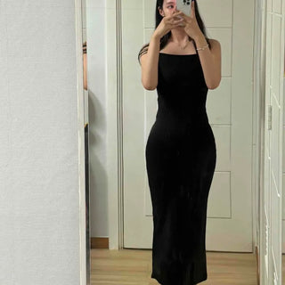 Strap Slit Slim Fit Plain Sleeveless H-Line Long Dress