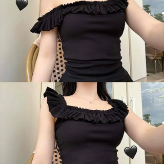 Slim Fit Plain Frill Shirred One-Shoulder Sleeveless