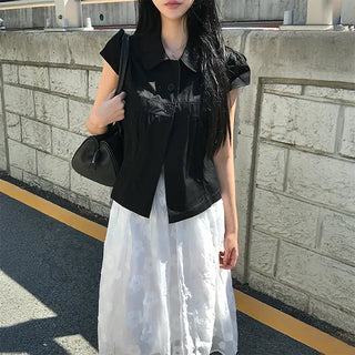 Mielt Button Collar Shirred Cap Sleeve Blouse
