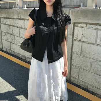 Mielt Button Collar Shirred Cap Sleeve Blouse