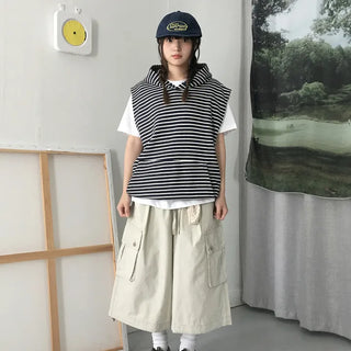 [UNISEX] Striped Snap Vest Hoodie