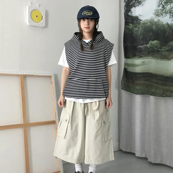 [UNISEX] Striped Snap Vest Hoodie