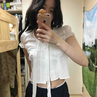 Ribbon Button Plain Short Sleeve Loose Fit Blouse