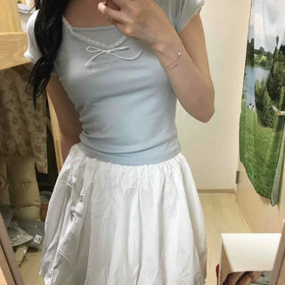 Shirred Ribbon Plain Slim Fit Short Sleeve T-shirt