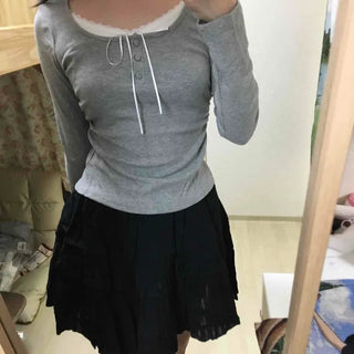 Ribbon Shirred Button Plain Slim Fit Long Sleeve T-shirt