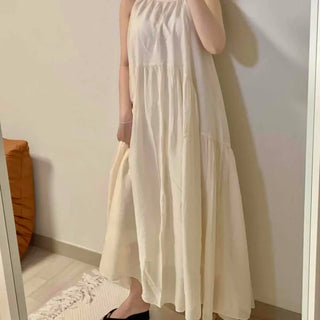 Shirred Plain Strap A-Line Sleeveless Loose Fit Long Dress