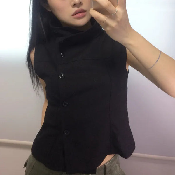 Black High-Neck Button Sleeveless Blouse / Sleeveless Summer Blouse Vintage Y2K Summer Clothes