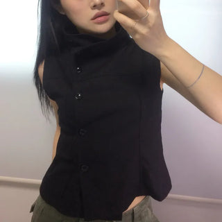 Black High-Neck Button Sleeveless Blouse / Sleeveless Summer Blouse Vintage Y2K Summer Clothes