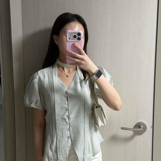 Ribbon Button Pinton Button-Down Short Sleeve Blouse
