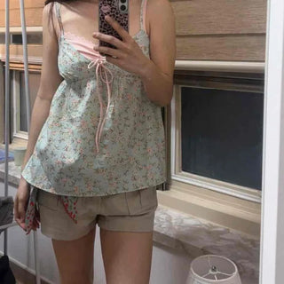 Shirred String Flower Strap A-Line Sleeveless