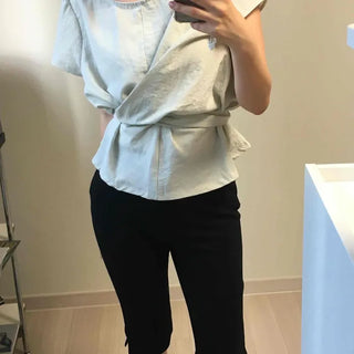 Button Plain Wrap Loose Fit Short Sleeve Blouse