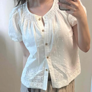 Shirred Punched Button Plain Short Sleeve Blouse