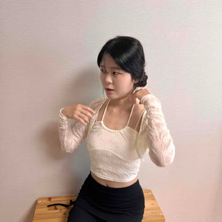 Shirred Strap Ribbon Flower Long Sleeve Fitted Two-Piece Set