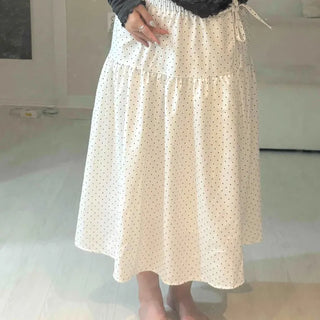 Shirred Ribbon Dot A-line Loose Fit Long Skirt