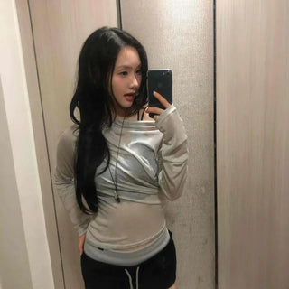 Drape Plain Slim Fit Long Sleeve Daily T-shirt